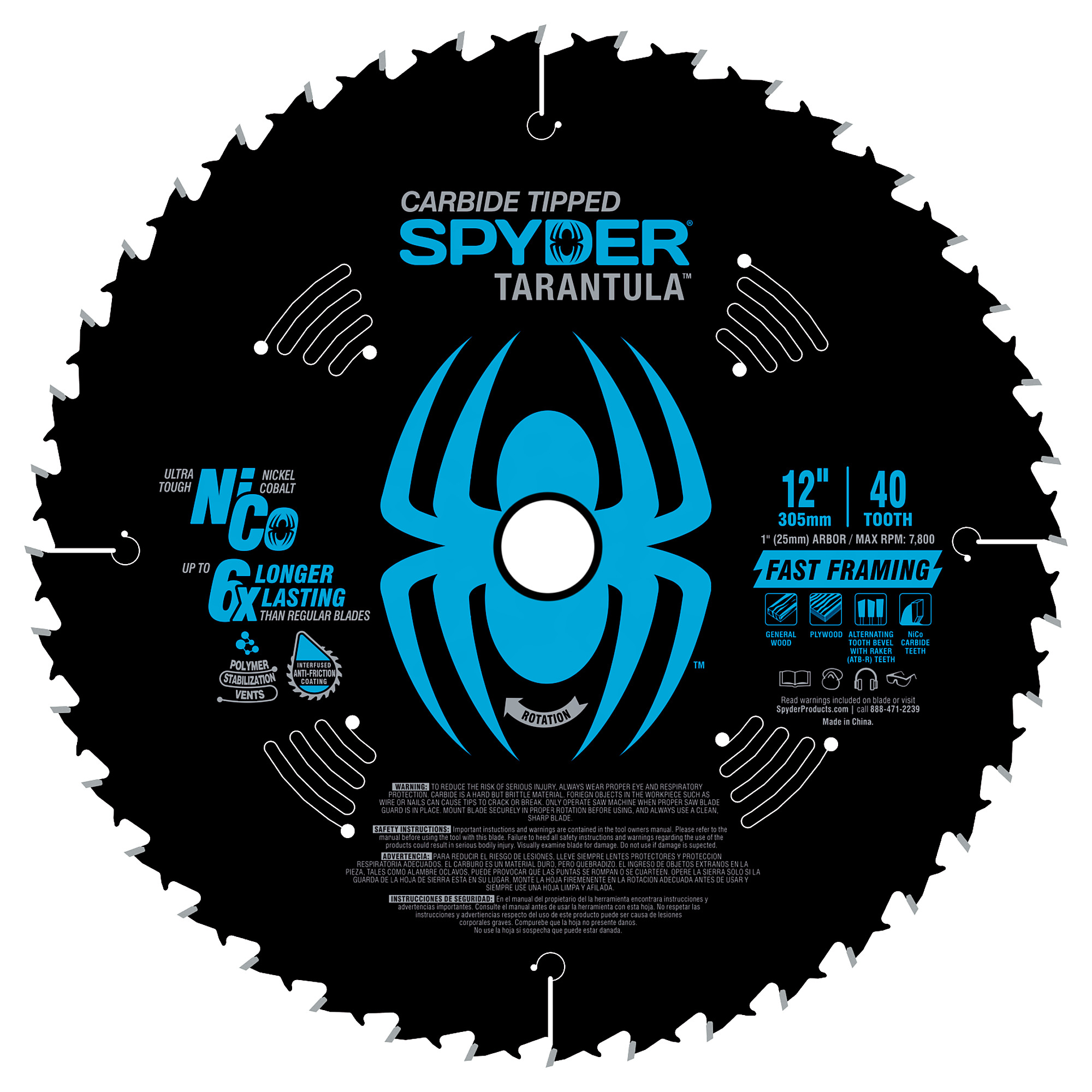 SPYDER, Frmg 12in. 40T TCT Stl Circ Tarantula Saw Blade, Blade Diameter 12 in, Included (qty.) 1 Model# 13049